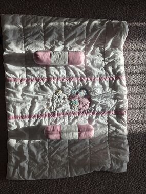 Pink and White Baby Quilt with Ruffled Bouquet Applique